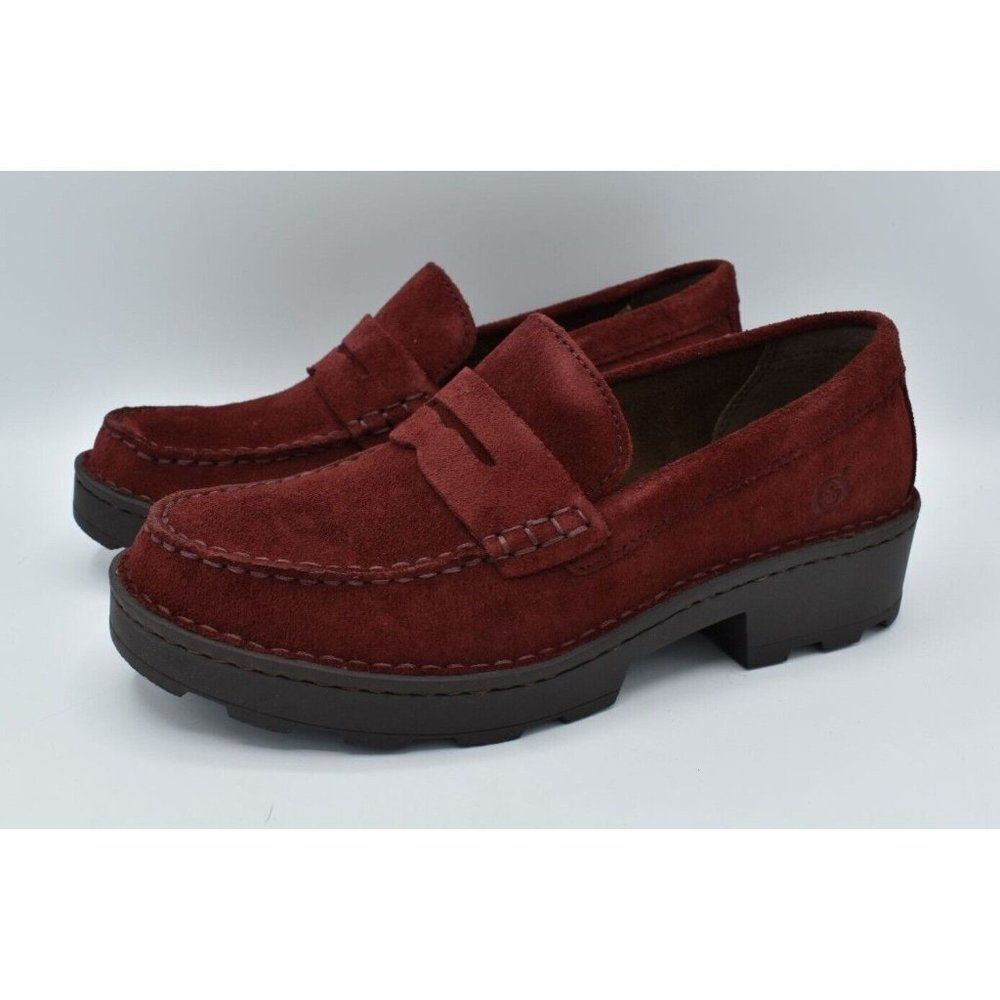 Born Women Size 7 Carrera Lugged Sole Burgundy Suede Slip On Penny Loafers Shoes